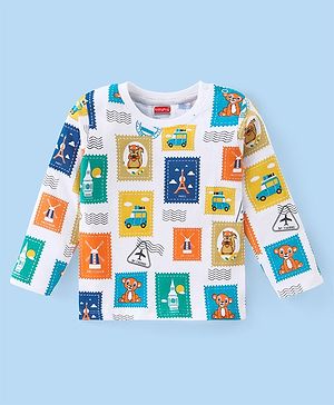 Babyhug Cotton Knit Full Sleeves T-Shirt With Stamp Print - White
