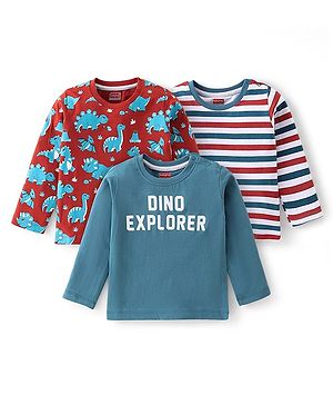 Babyhug Cotton Knit Full Sleeves T-Shirt with Dino & Striped Print Pack of 3 - Multicolor