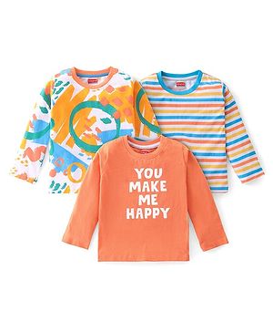 Babyhug Cotton Knit Full Sleeves T-Shirt with Striped & Text Print Pack of 3- Multicolor