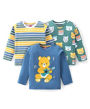 Babyhug Cotton Knit Full Sleeves T-Shirts with Bear & Fox Print Pack of 3 - Blue Green & Yellow