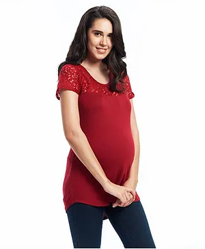 Nuthatch Short Sleeves Maternity Lace Top - Maroon