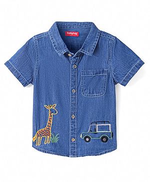 Babyhug Cotton Woven Half Sleeves Denim Shirt with Jeep & Giraffe Embroidery - Blue