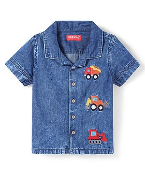 Babyhug Cotton Woven Half Sleeves Denim Washed Shirt With Vehicle Embroidered  - Navy Blue