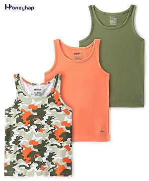 Honeyhap Premium Cotton Elastane Single Jersey Sleeveless Printed Vests with Bio Finish Pack Of 3 - Tangerine Bright White & Iguana Olive