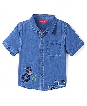 Babyhug Cotton Woven Half Sleeves Denim Shirt with Zebra Embroidery - Blue