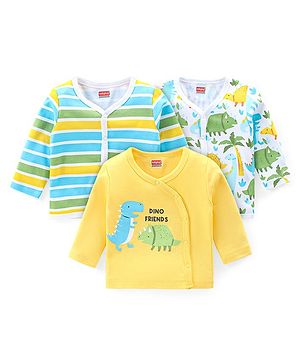 Babyhug 100% Cotton Knit Front Open Jhablas with Striped & Dino Print Pack of 3 - Yellow & White
