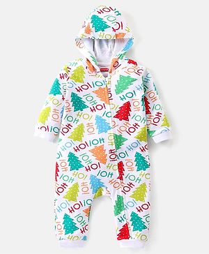 Babyhug 100% Cotton Knit Full Sleeves Hooded Romper with Christmas Tree & Text Print - Multicolour