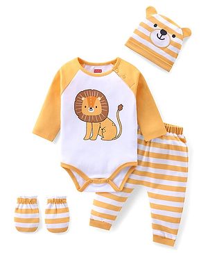 Babyhug 100% Cotton Knit Full Sleeves Lion Print Onesie with Striped Leggings and Cap Mittens - Yellow