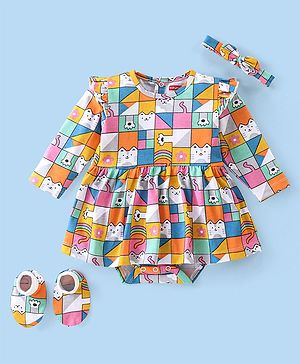 Babyhug Single Jersey Knit Full Sleeves Frock Style Onesie with Headband & Booties Kitten Print - Multicolour