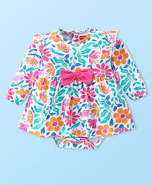 Babyhug 100 % Cotton Knit Full Sleeves Frock Style Onesie Floral Print With Bow Applique-Multicolor