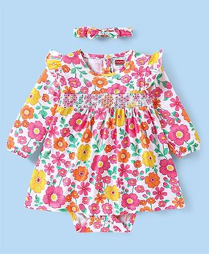 Babyhug 100% Cotton Knit Full Sleeves Frock Style Onesie with Floral Print & Hairband - Multicolor
