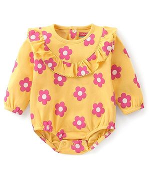 Babyhug 100% Cotton Knit Full Sleeves Onesie with Frill Detailing & Floral Print - Yellow