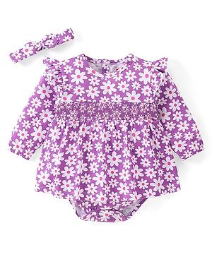 Babyhug Single Jersey Knit Full Sleeves Frill & Smocking Detailed Frock Style Onesie with Headband Floral Print - Purple