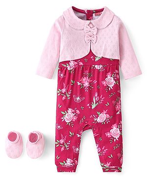 Babyhug 100% Cotton Knit Full Sleeves Romper & Pair of Booties Floral Print - Multicolour