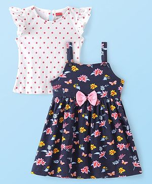Babyhug Cotton Knit Sleeveless Frock with Inner Tee Floral Print & Bow Applique - Multicolour