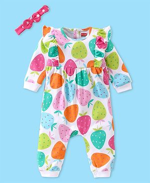 Babyhug 100% Cotton Knit Full Sleeves Romper with Headband & Strawberry Print - Multicolour