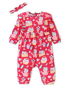 Babyhug 100% Cotton Knit Full Sleeves Romper with Headband & Floral Print - Multicolour