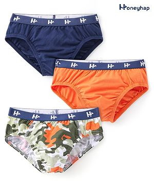 Honeyhap Premium Cotton Elastane Single Jersey Bio Finish Briefs With Camouflage Design Pack of 3 - Blue & Orange