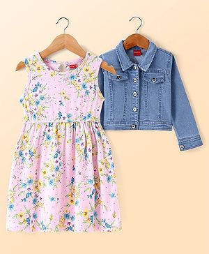 Babyhug Cotton Knit Floral Printed Frock with Full Sleeves Denim Jacket - Blue & Pink