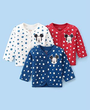 Babyhug Disney Interlock Knitted Full Sleeves Jhablas With Mickey Mouse Graphics Pack of 3 - White Blue & Red