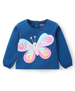 Babyhug Cotton Knit Full Sleeves Top with Butterfly Embroidery - Navy Blue