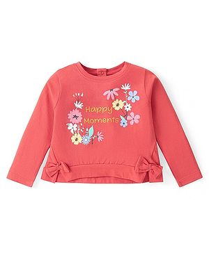 Babyhug Cotton Knit Full Sleeves Top With Floral & Text Print - Orange