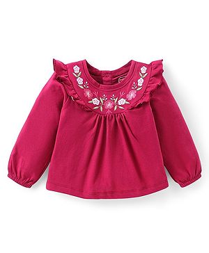 Babyhug Cotton Knit Full Sleeves Top With Frill Detail & Floral Embroidery - Maroon