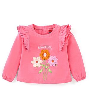 Babyhug Cotton Knit Full Sleeves Top with Frill Detailing & Floral Embroidery - Pink