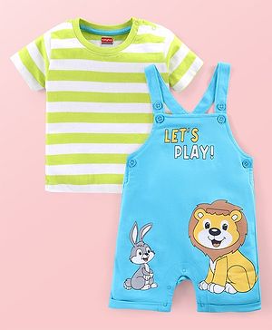 Babyhug Single Jersey Knit Striped Half Sleeves T-Shirt with Bunny & Lion Printed Dungaree - Blue & Green