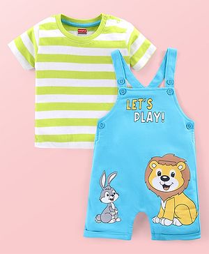 Babyhug Single Jersey Knit Striped Half Sleeves T-Shirt with Bunny & Lion Printed Dungaree - Blue & Green