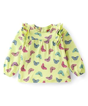 Babyhug Cotton Knit Full Peasant Sleeves Top with Butterfly Print & Frill Detailing -  Green