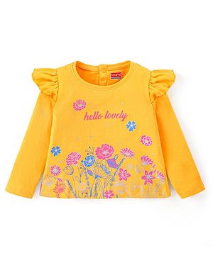 Babyhug Cotton Knit Full Sleeves Top with Frill Detailing & Floral Print - Yellow