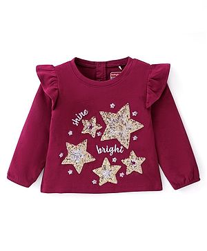Babyhug Cotton Knit Full Sleeves A Line Top with Star Print & Frill Detailing- Maroon