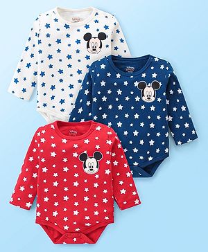 Babyhug Disney Interlock Knit Full Sleeves Onesies With Mickey Mouse Graphics Pack of 3 - Red White & Navy Blue