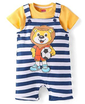 Babyhug Single Jersey Knit Half Sleeves  Lion Printed T-Shirt & Striped Dungaree Style Romper Set - Navy Blue & Orange