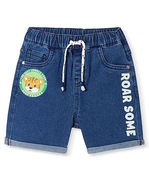 Babyhug Mid Thigh Length Washed & Stretchable Denim Shorts With Animal Print Detailing - Blue