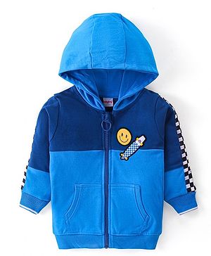 Babyhug Cotton Knit Full Sleeves Hooded Embroidered Sweatjacket with Kangaroo Pockets - Blue