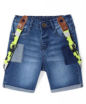 Babyhug Knee Length Washed Denim Bermuda with Suspenders - Dark Blue