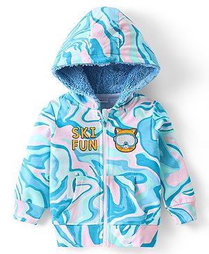 Babyhug Woven Full Sleeves Hooded Jacket With Abstract Design & Kitty Patch Detailing - Blue