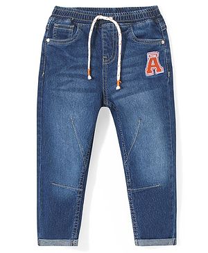 Babyhug Cotton Full Length Stretchable Denim Washed Jeans with Patch Work Detailing - Blue