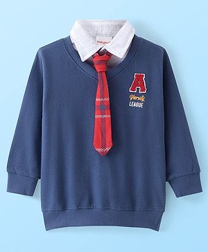 Babyhug Cotton Knit Full Sleeves Collar Neck Sweatshirts With Text Embroidery & Tie - Navy Blue
