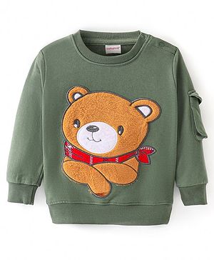 Babyhug Knit Full Sleeves Sweatshirt With Teddy Bear Applique Detailing - Green