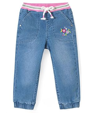 Babyhug Full Length Stretchable Denim Washed Joggers with Floral Embroidery - Blue