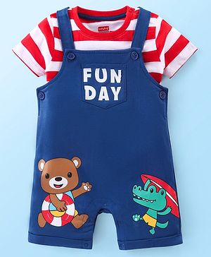 Babyhug Single Jersey Knit Striped  Half Sleeves T-Shirt with Bear Printed Dungaree - Red & Blue