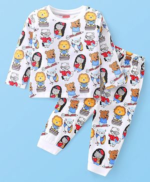 Babyhug Cotton Knit Full Sleeves Night Suit with Lion & Beat Print - White