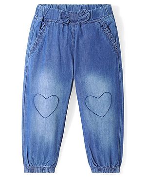 Babyhug  Denim  Full Length Joggers with Bow Detailing & Heart Print- Blue