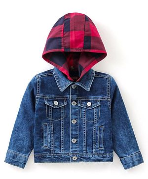 Babyhug Full Sleeves Collar Neck Washed Denim Jacket With Detachable Hood - Blue
