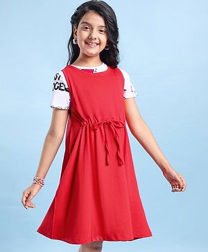 Pine Kids Cotton Knit Frock With Half Sleeves Inner Tee Text Printed - Red & White
