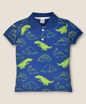 Kiwi 100% Cotton Half Sleeves Dinosaur Printed Polo Tee - Blue