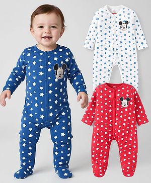Babyhug Disney Interlock Knit Full Sleeves Sleep Suit with Star Print & Mickey Mouse Graphics Pack of 3 - Red Blue & White